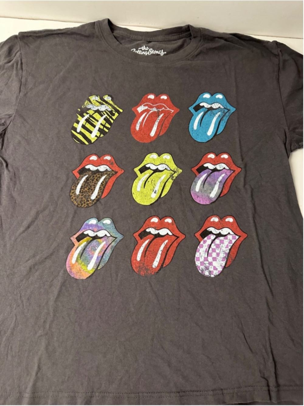 The Rolling Stones Graphic T Shirt Mens Large L Charcoal Grey Lips Tongue Grid